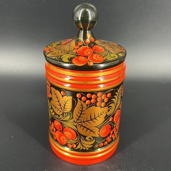 Russian Folk Art Painted Wood Lidded Canister - Picture 4 of 11